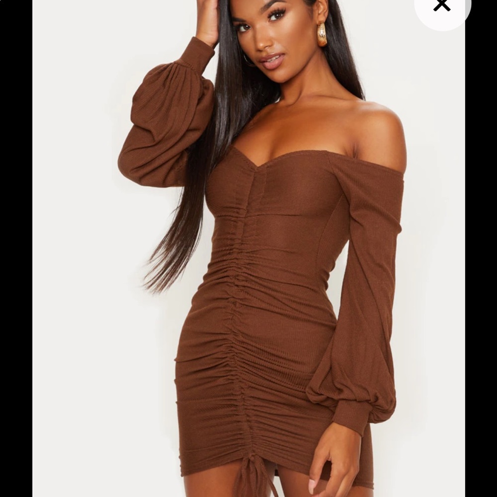 Chocolate Brown Ribbed Bardot Balloon Sleeve Ruched Bodycon Dress